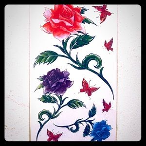 TEMPORARY PINK PURPLE BLUE ROSE & BUTTERFLY TATTOO